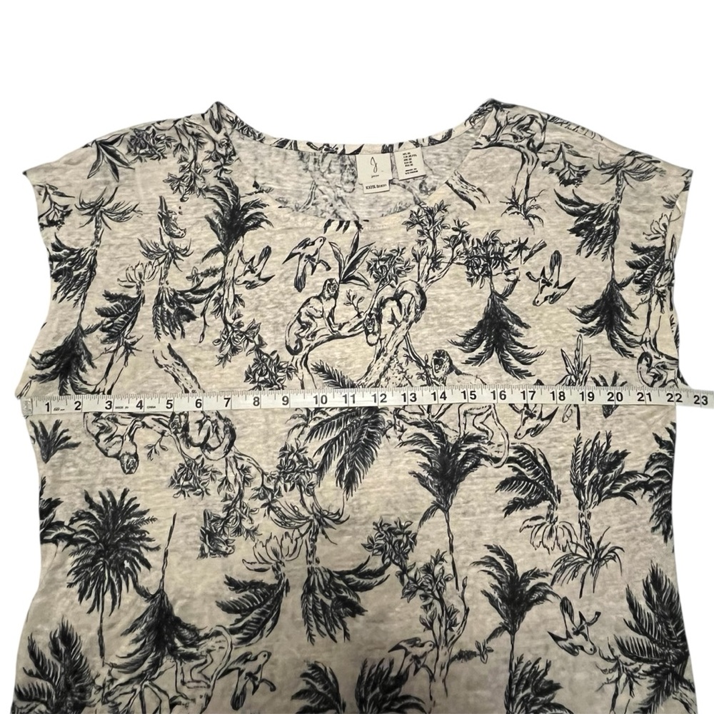 Joie Black and White Tropical Print Boxy Linen Relaxed Fit Cap Sleeve Tee Shirt - Picture 10 of 11